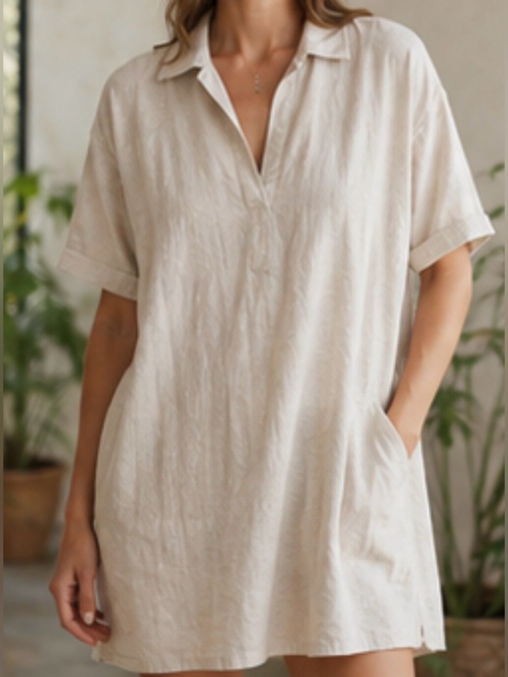 Lafayette 148 Cream Linen Mid Length Short Sleeve Tunic Dress Sz. XL